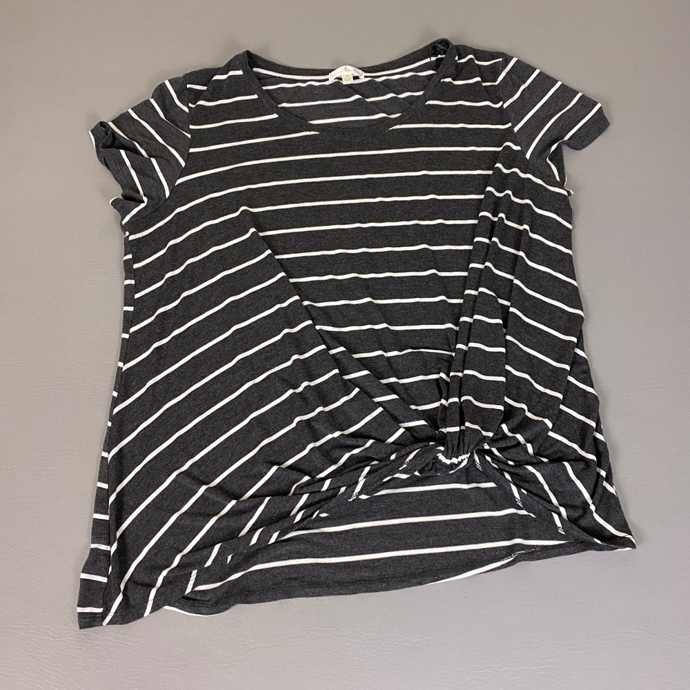 Nine Britton T-Shirt Women's Plus 1X Gray White Striped Short Sleeve‎ Front Knot